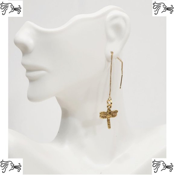 Threader Chain Earrings Dragonfly Charm on Silver or Gold - Picture 3 of 3